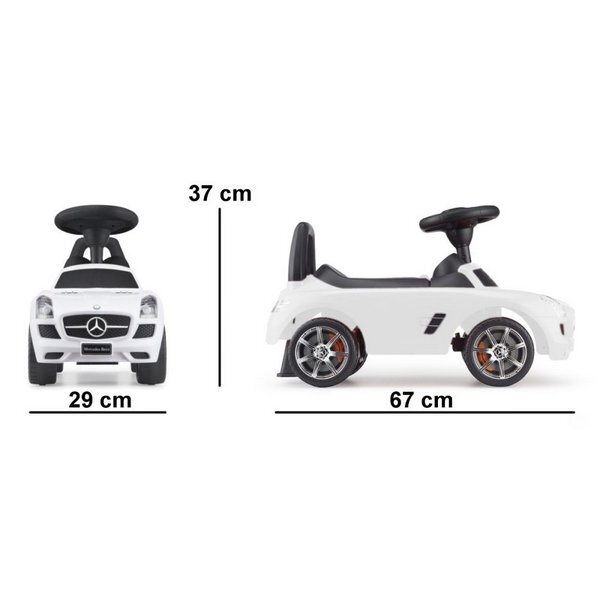 Ecotoys Masinuta pentru copii fara pedale Mercedes Benz SLS AMG alb dotata cu volan interactiv cu melodii si claxon spatiu depozitare sub scaun greutate maxima admisa 23kg
