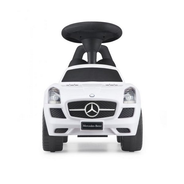Ecotoys Masinuta pentru copii fara pedale Mercedes Benz SLS AMG alb dotata cu volan interactiv cu melodii si claxon spatiu depozitare sub scaun greutate maxima admisa 23kg