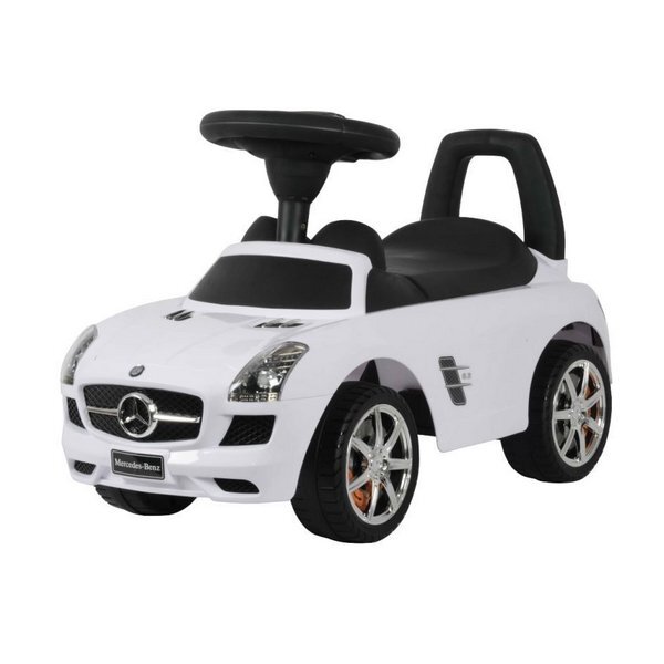 Ecotoys Masinuta pentru copii fara pedale Mercedes Benz SLS AMG alb dotata cu volan interactiv cu melodii si claxon spatiu depozitare sub scaun greutate maxima admisa 23kg