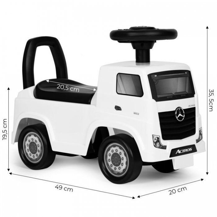 Ecotoys Masinuta pentru copii fara pedale Mercedes Camion alb de la 2 ani pana la greutatea maxim admisa de 23 kg protectie anti-rasturnare spatiu de depozitare sub scaun spatar cu posibilitatea de impingere