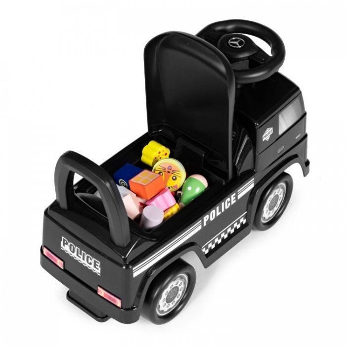 Ecotoys Masinuta pentru copii fara pedale Mercedes Politie negru de la 2 ani pana la greutatea maxim admisa de 23 kg protectie anti-rasturnare spatiu de depozitare sub scaun