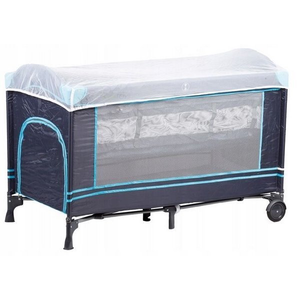 Ecotoys Patut pliabil bleumarin cu 2 nivele usita de acces cu fermoar plasa de tantari si geanta de transport incluse