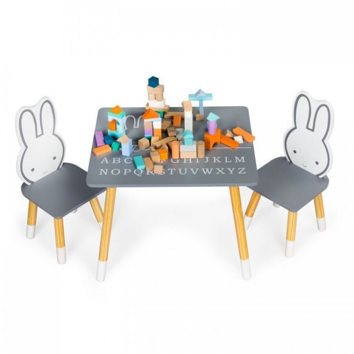 Ecotoys Set de masa cu alfabet si doua scaune in forma de iepuras pentru copii gri si natur