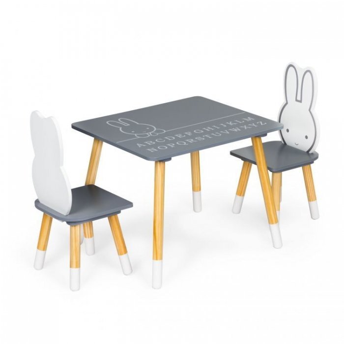 Ecotoys Set de masa cu alfabet si doua scaune in forma de iepuras pentru copii gri si natur