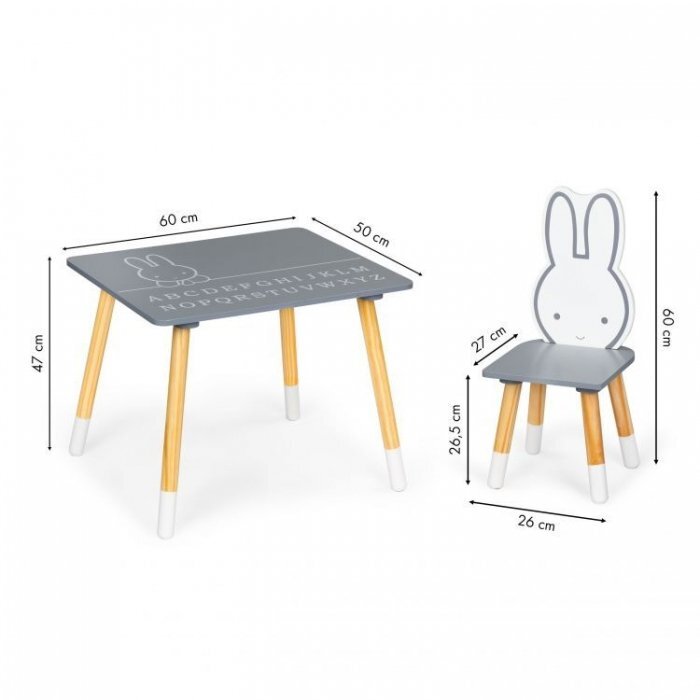 Ecotoys Set de masa cu alfabet si doua scaune in forma de iepuras pentru copii gri si natur