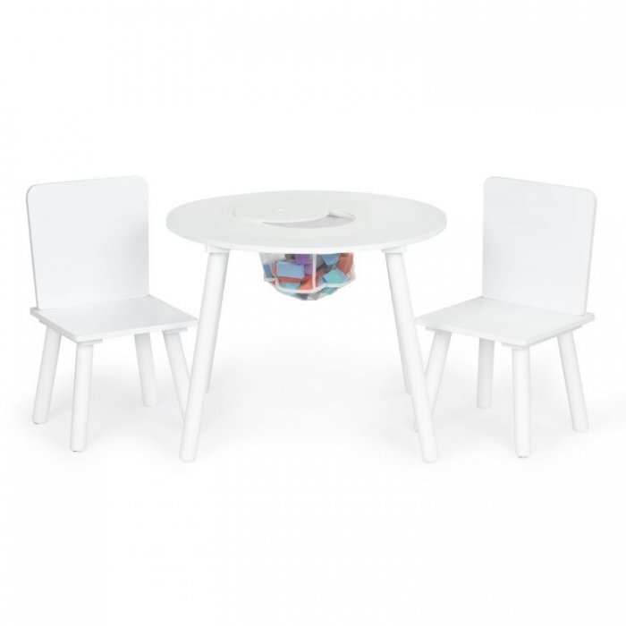 Ecotoys Set de masa cu doua scaune pentru copii si loc de depozitare jucarii alb