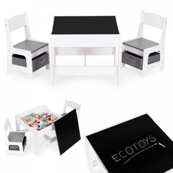 Ecotoys Set masa cu doua scaune pentru copii Alb-Gri cu spatiu pentru depozitare si tabla