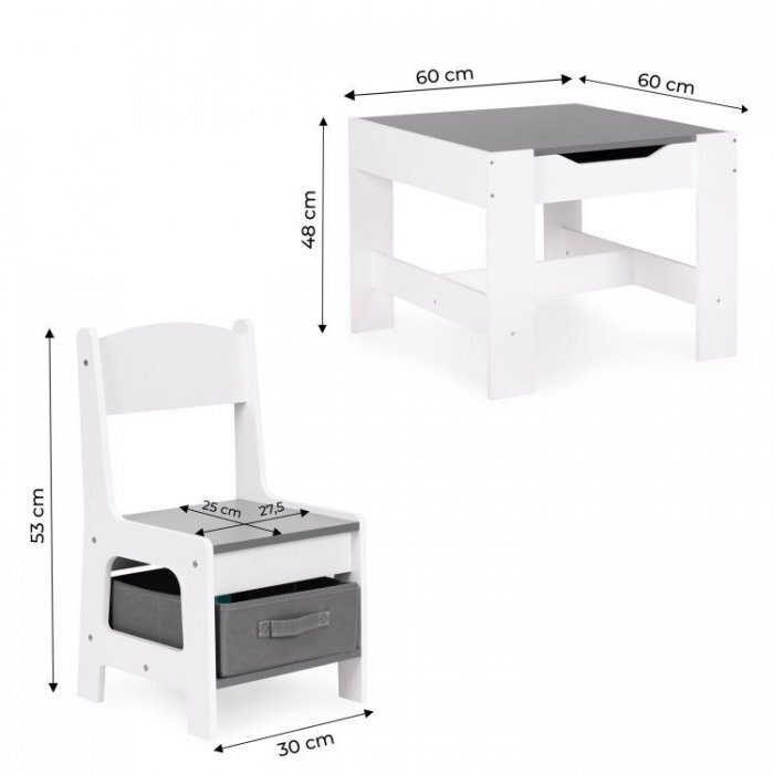 Ecotoys Set masa cu doua scaune pentru copii Alb-Gri cu spatiu pentru depozitare si tabla