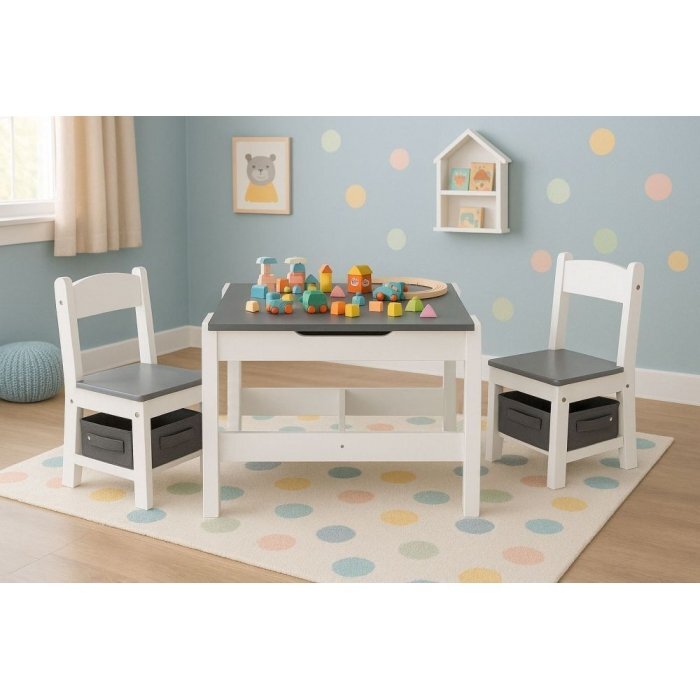 Ecotoys Set masa cu doua scaune pentru copii Alb-Gri cu spatiu pentru depozitare si tabla