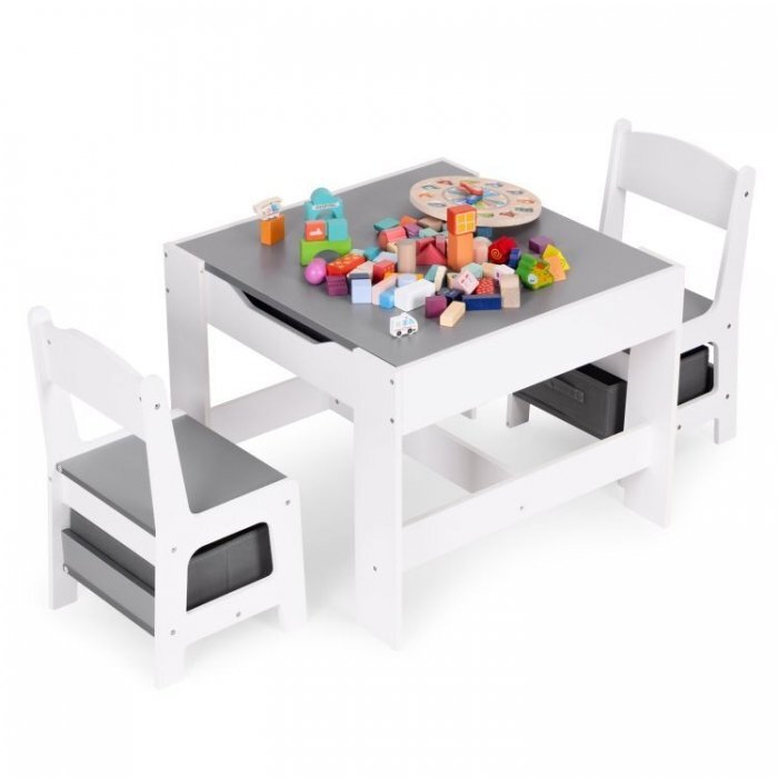 Ecotoys Set masa cu doua scaune pentru copii Alb-Gri cu spatiu pentru depozitare si tabla