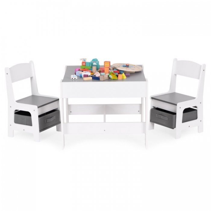 Ecotoys Set masa cu doua scaune pentru copii Alb-Gri cu spatiu pentru depozitare si tabla