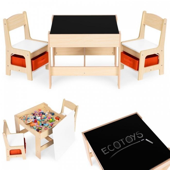 Ecotoys Set masa cu doua scaune pentru copii Natur cu spatiu pentru depozitare si tabla