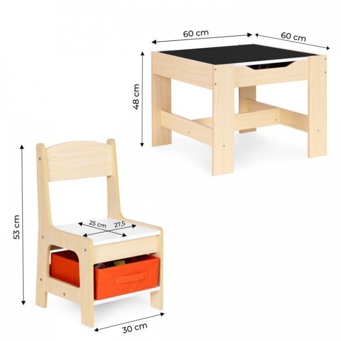 Ecotoys Set masa cu doua scaune pentru copii Natur cu spatiu pentru depozitare si tabla