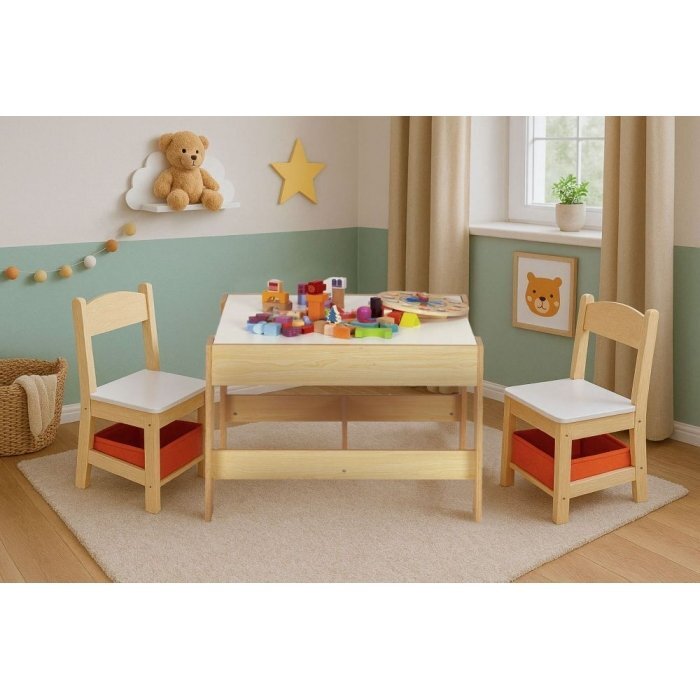 Ecotoys Set masa cu doua scaune pentru copii Natur cu spatiu pentru depozitare si tabla