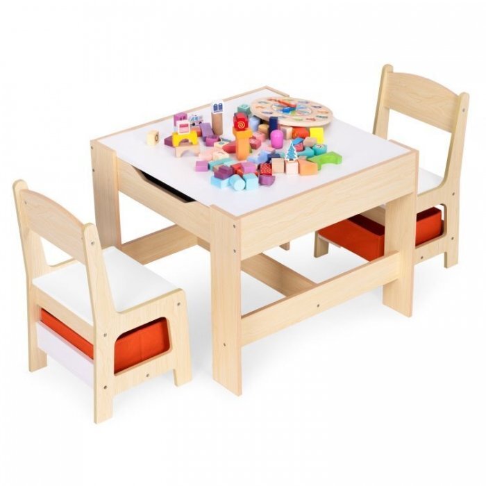 Ecotoys Set masa cu doua scaune pentru copii Natur cu spatiu pentru depozitare si tabla