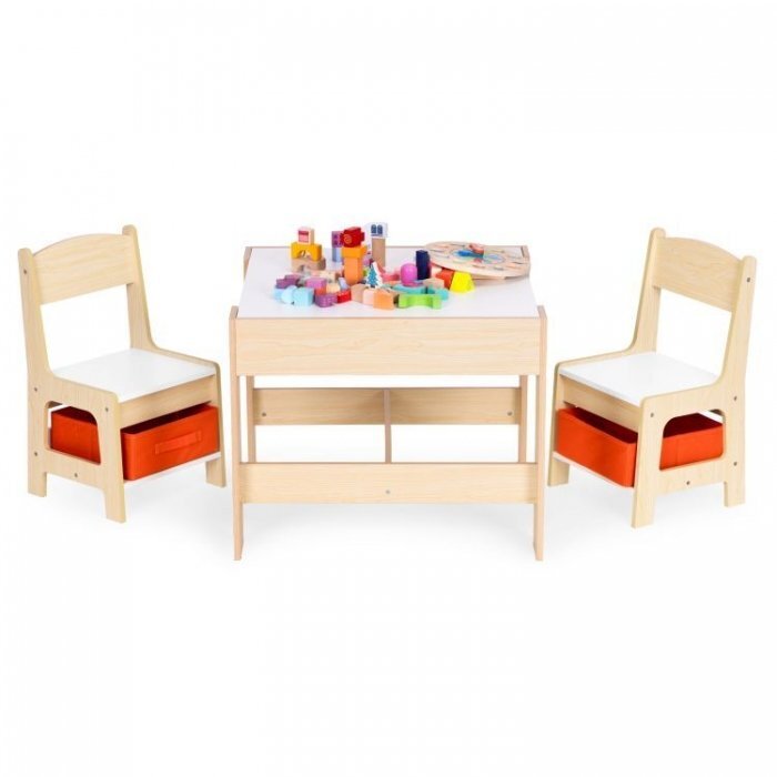 Ecotoys Set masa cu doua scaune pentru copii Natur cu spatiu pentru depozitare si tabla
