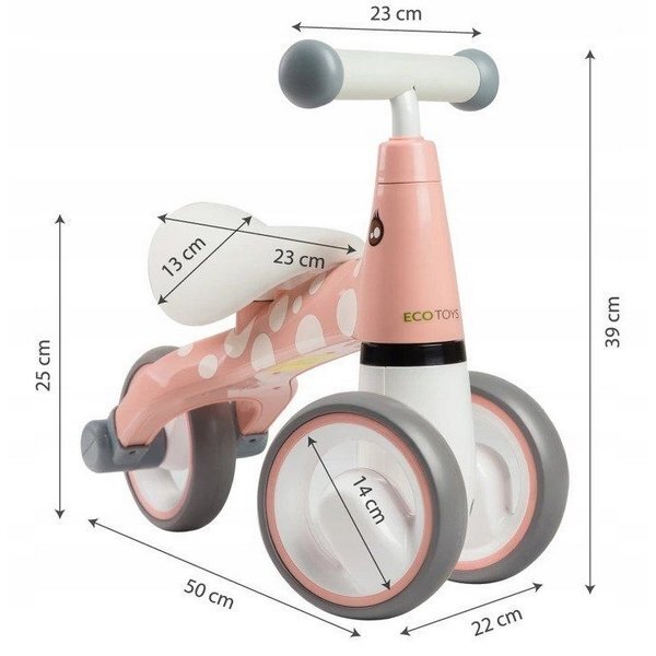 Ecotoys Tricicleta copii fara pedale Flamingo LB1603 varsta 1-3 ani scaun confortabil si moale roti duble fata functie de blocare a ghidonului sarcina maxima admisa 20 kg