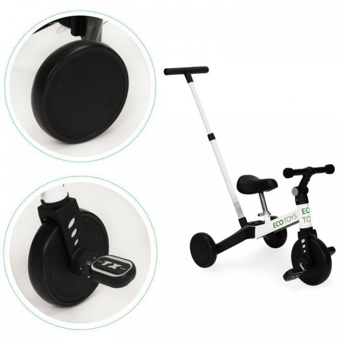 Ecotoys Tricicleta pentru copii Alb cu pedale si maner 2 in 1 roti din cauciuc Eva transformabila in tricicleta clasica