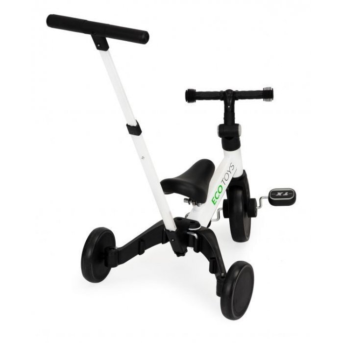 Ecotoys Tricicleta pentru copii Alb cu pedale si maner 2 in 1 roti din cauciuc Eva transformabila in tricicleta clasica