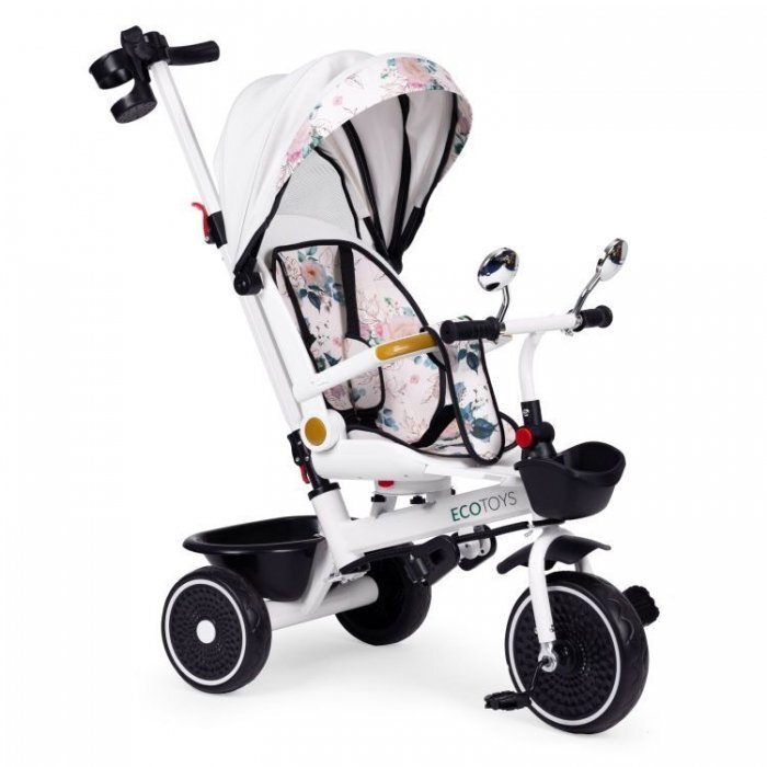 Ecotoys Tricicleta pentru copii Alb multifunctionala scaun rotativ 360 roti din spuma EVA suport pliabil pentru picioare bariera de siguranta maner pentru controlul directiei