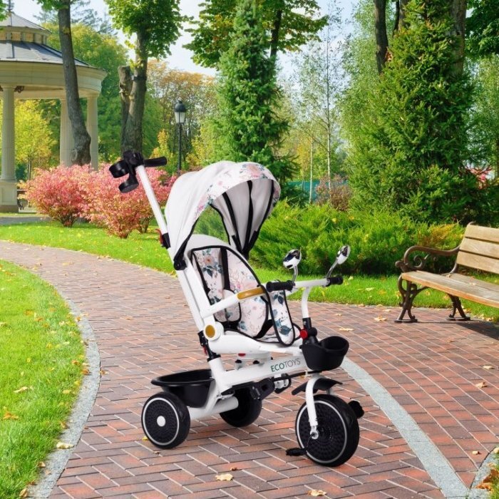 Ecotoys Tricicleta pentru copii Alb multifunctionala scaun rotativ 360 roti din spuma EVA suport pliabil pentru picioare bariera de siguranta maner pentru controlul directiei