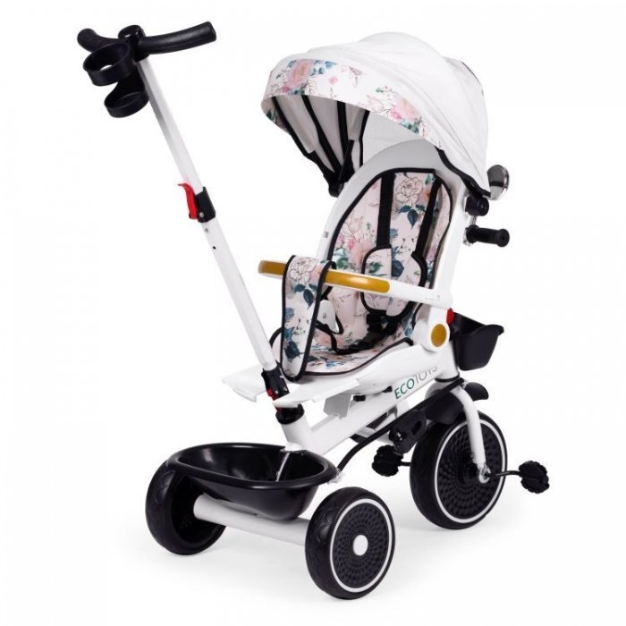 Ecotoys Tricicleta pentru copii Alb multifunctionala scaun rotativ 360 roti din spuma EVA suport pliabil pentru picioare bariera de siguranta maner pentru controlul directiei