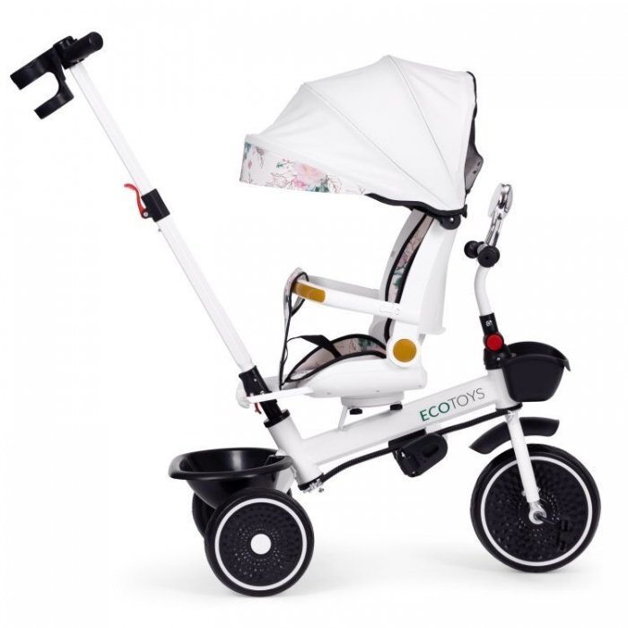 Ecotoys Tricicleta pentru copii Alb multifunctionala scaun rotativ 360 roti din spuma EVA suport pliabil pentru picioare bariera de siguranta maner pentru controlul directiei