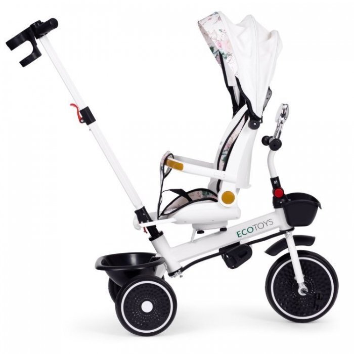 Ecotoys Tricicleta pentru copii Alb multifunctionala scaun rotativ 360 roti din spuma EVA suport pliabil pentru picioare bariera de siguranta maner pentru controlul directiei