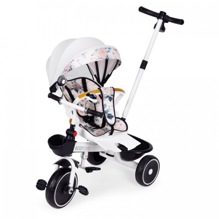Ecotoys Tricicleta pentru copii Alb multifunctionala scaun rotativ 360 roti din spuma EVA suport pliabil pentru picioare bariera de siguranta maner pentru controlul directiei