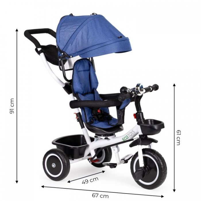 Ecotoys Tricicleta pentru copii Albastru pentru copiii intre 6 luni roti din spuma evaspatar cu husa moale si centura de siguranta in 5 puncte