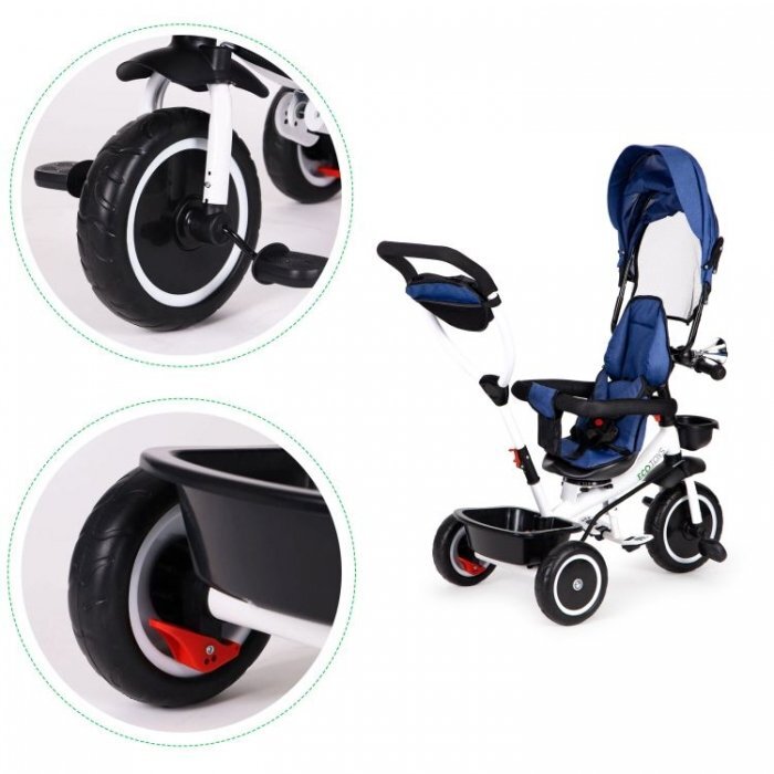 Ecotoys Tricicleta pentru copii Albastru pentru copiii intre 6 luni roti din spuma evaspatar cu husa moale si centura de siguranta in 5 puncte