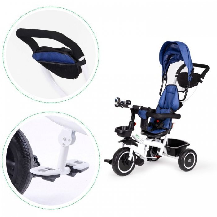Ecotoys Tricicleta pentru copii Albastru pentru copiii intre 6 luni roti din spuma evaspatar cu husa moale si centura de siguranta in 5 puncte