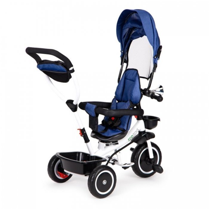 Ecotoys Tricicleta pentru copii Albastru pentru copiii intre 6 luni roti din spuma evaspatar cu husa moale si centura de siguranta in 5 puncte