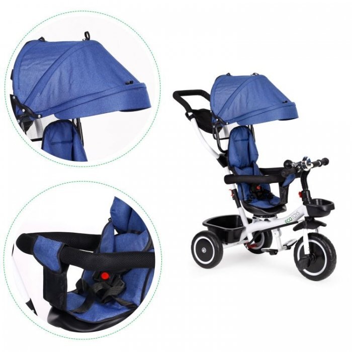 Ecotoys Tricicleta pentru copii Albastru pentru copiii intre 6 luni roti din spuma evaspatar cu husa moale si centura de siguranta in 5 puncte