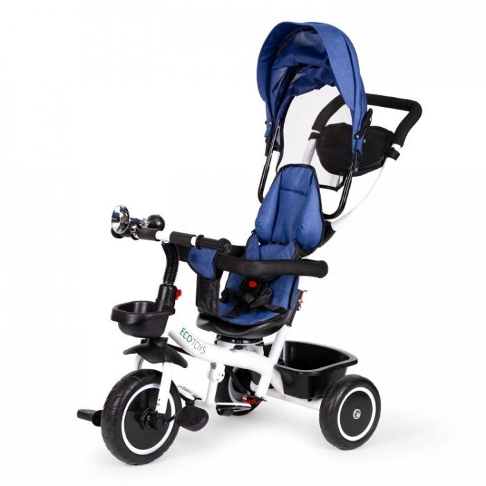 Ecotoys Tricicleta pentru copii Albastru pentru copiii intre 6 luni roti din spuma evaspatar cu husa moale si centura de siguranta in 5 puncte