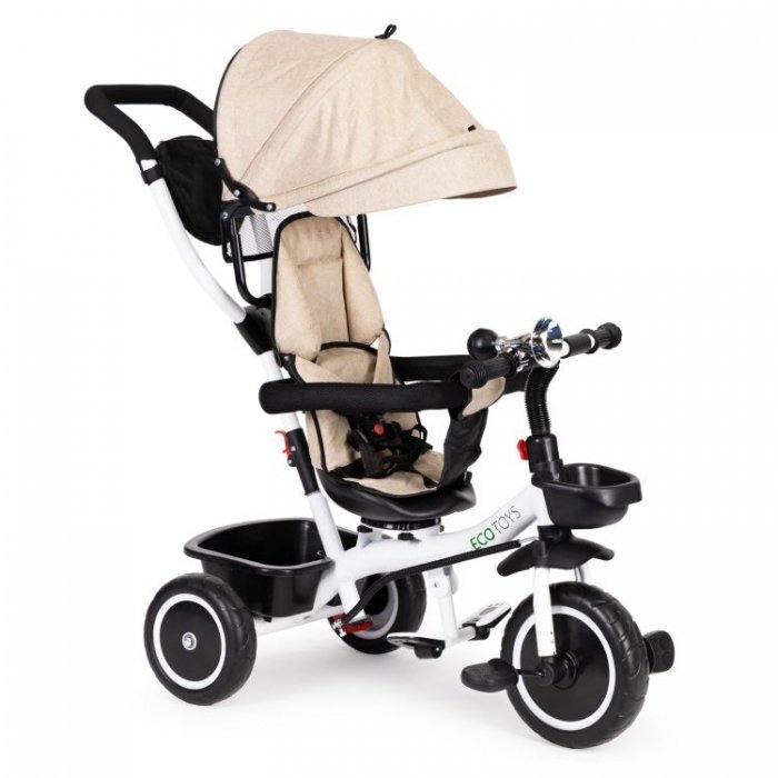 Ecotoys Tricicleta pentru copii Bej pentru copiii intre 6 luni roti din spuma evaspatar cu husa moale si centura de siguranta in 5 puncte