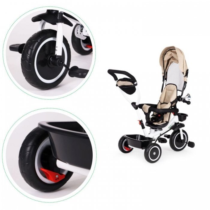 Ecotoys Tricicleta pentru copii Bej pentru copiii intre 6 luni roti din spuma evaspatar cu husa moale si centura de siguranta in 5 puncte