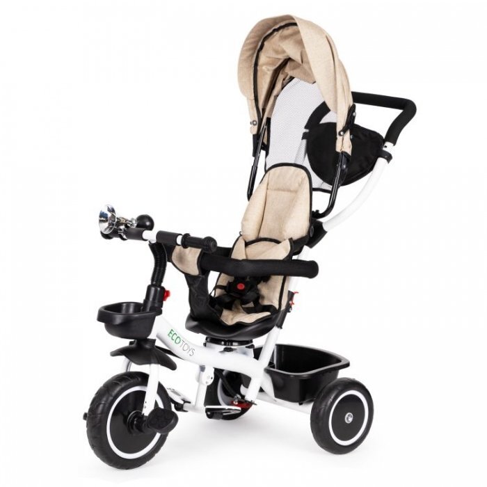 Ecotoys Tricicleta pentru copii Bej pentru copiii intre 6 luni roti din spuma evaspatar cu husa moale si centura de siguranta in 5 puncte