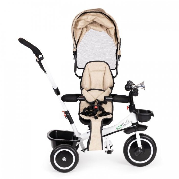Ecotoys Tricicleta pentru copii Bej pentru copiii intre 6 luni roti din spuma evaspatar cu husa moale si centura de siguranta in 5 puncte