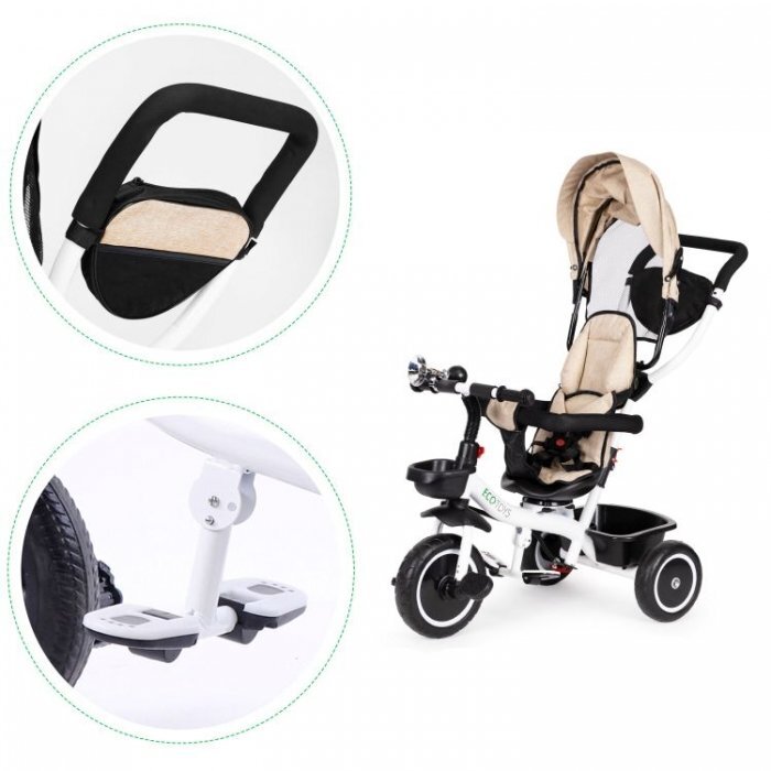 Ecotoys Tricicleta pentru copii Bej pentru copiii intre 6 luni roti din spuma evaspatar cu husa moale si centura de siguranta in 5 puncte