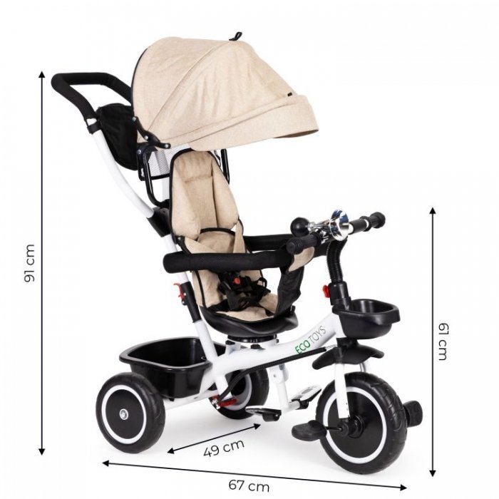 Ecotoys Tricicleta pentru copii Bej pentru copiii intre 6 luni roti din spuma evaspatar cu husa moale si centura de siguranta in 5 puncte