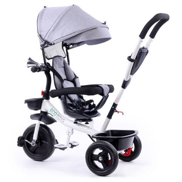 Ecotoys Tricicleta pentru copii Gri pentru copiii intre 6 luni cu sezut reversibil roti din spuma evaspatar cu husa moale si centura de siguranta in 5 puncte