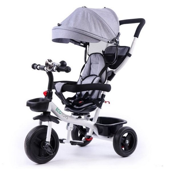 Ecotoys Tricicleta pentru copii Gri pentru copiii intre 6 luni cu sezut reversibil roti din spuma evaspatar cu husa moale si centura de siguranta in 5 puncte