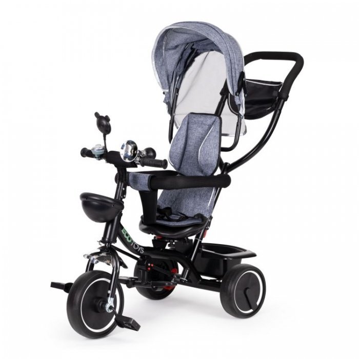Ecotoys Tricicleta pentru copii JM-066-9 Gri cu sezut rotativ de la 12 luni roti din spuma Eva suport picioare parasolar ajustabil si detasabil