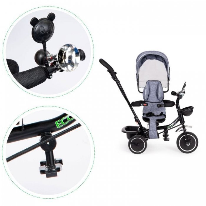 Ecotoys Tricicleta pentru copii JM-066-9 Gri cu sezut rotativ de la 12 luni roti din spuma Eva suport picioare parasolar ajustabil si detasabil