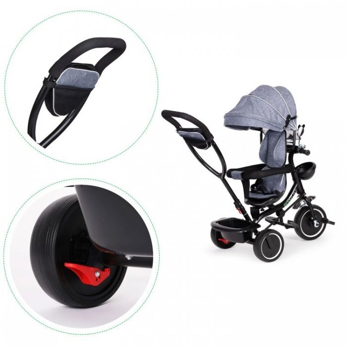 Ecotoys Tricicleta pentru copii JM-066-9 Gri cu sezut rotativ de la 12 luni roti din spuma Eva suport picioare parasolar ajustabil si detasabil