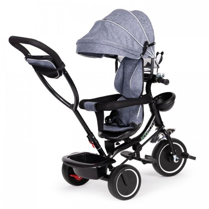 Ecotoys Tricicleta pentru copii JM-066-9 Gri cu sezut rotativ de la 12 luni roti din spuma Eva suport picioare parasolar ajustabil si detasabil