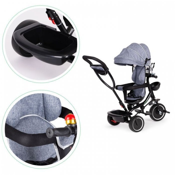 Ecotoys Tricicleta pentru copii JM-066-9 Gri cu sezut rotativ de la 12 luni roti din spuma Eva suport picioare parasolar ajustabil si detasabil
