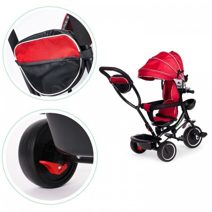 Ecotoys Tricicleta pentru copii JM-066-9 Rosu cu sezut rotativ de la 12 luni roti din spuma Eva suport picioare parasolar ajustabil si detasabil