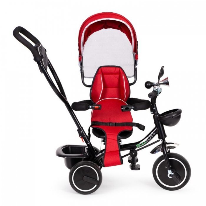 Ecotoys Tricicleta pentru copii JM-066-9 Rosu cu sezut rotativ de la 12 luni roti din spuma Eva suport picioare parasolar ajustabil si detasabil